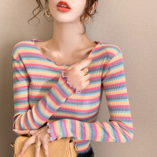 批发实拍 32支纯棉木耳边条纹长袖T恤<b class='q'>女装</b>内搭打底衫秋衣外穿春秋