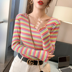 批发实拍 32支纯棉木耳边条纹长袖T恤<b class='q'>女装</b>内搭打底衫秋衣外穿春秋