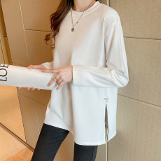 批发实拍 后包领纯棉长袖T恤<b class='q'>女装</b>中长款白色打底衫宽松春秋上衣