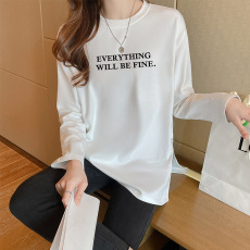 批发实拍 后包领纯棉长袖T恤<b class='q'>女装</b>中长款白色打底衫宽松春秋上衣