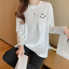 批发实拍 后包领纯棉长袖T恤<b class='q'>女装</b>中长款白色打底衫宽松春秋上衣