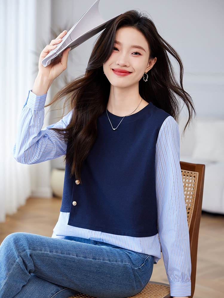 실사 2026 가을 스트라이프 긴팔 셔츠 맨위 패치워크 불규칙 니트 베스트 페이크 레이어드 후드티 여성