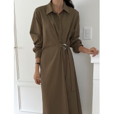 批发韩国chic 春季轻奢气质时尚设计感polo领长袖衬衫裙连衣裙