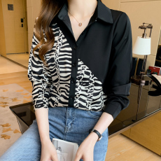 批发实拍洋气休闲秋季新款女装翻领撞色<b class='q'>雪纺衫</b>上衣开衫衬衫打底衫衬衣