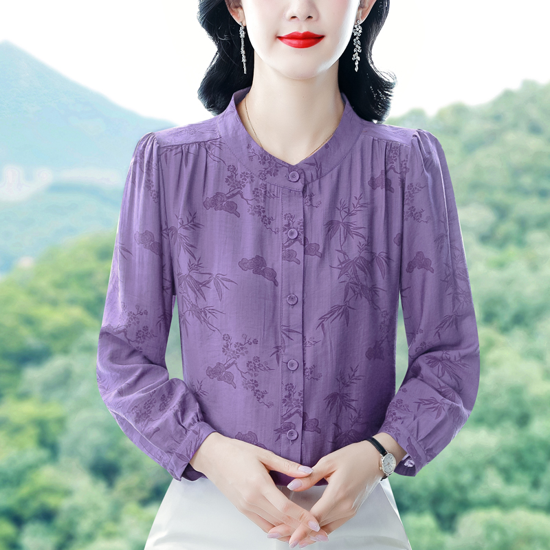 가을 새로운 패션 빛 럭셔리 스탠드 칼라 작은 셔츠 품격 어머니 드레스 다용도 면 린넨 루즈핏 슬림해 보이는 긴팔 맨위