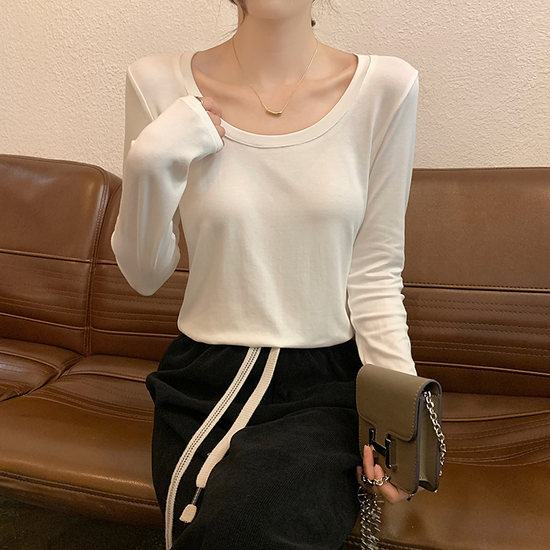 Real shot of Korean style autumn new slim solid color round neck long sleeve slim slim T-shirt for women