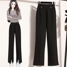 批发实拍春新款大码窄版直筒女长裤胖MM宽松显瘦开叉高腰垂感拖地裤