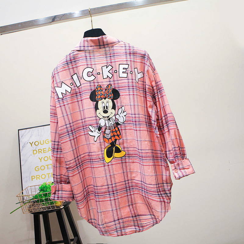 PF20332#小清新卡通米妮印花格子衬衫百搭休闲学院风休闲外套女裝貨源服裝批發