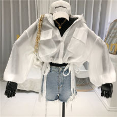 批发<b class='q'>长袖</b>防晒<b class='q'>衬衫女</b>春夏ins新款韩版宽松设计感抽绳收腰短款薄上衣潮