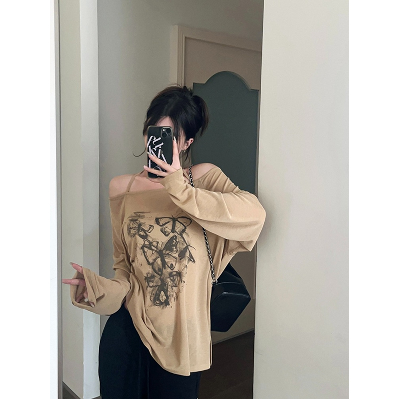 One shoulder T-shirt women's summer blouse long-sleeved loose lazy style top