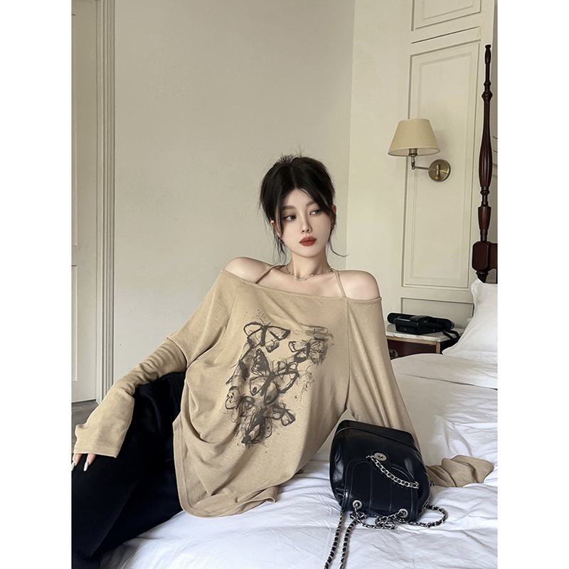 One shoulder T-shirt women's summer blouse long-sleeved loose lazy style top