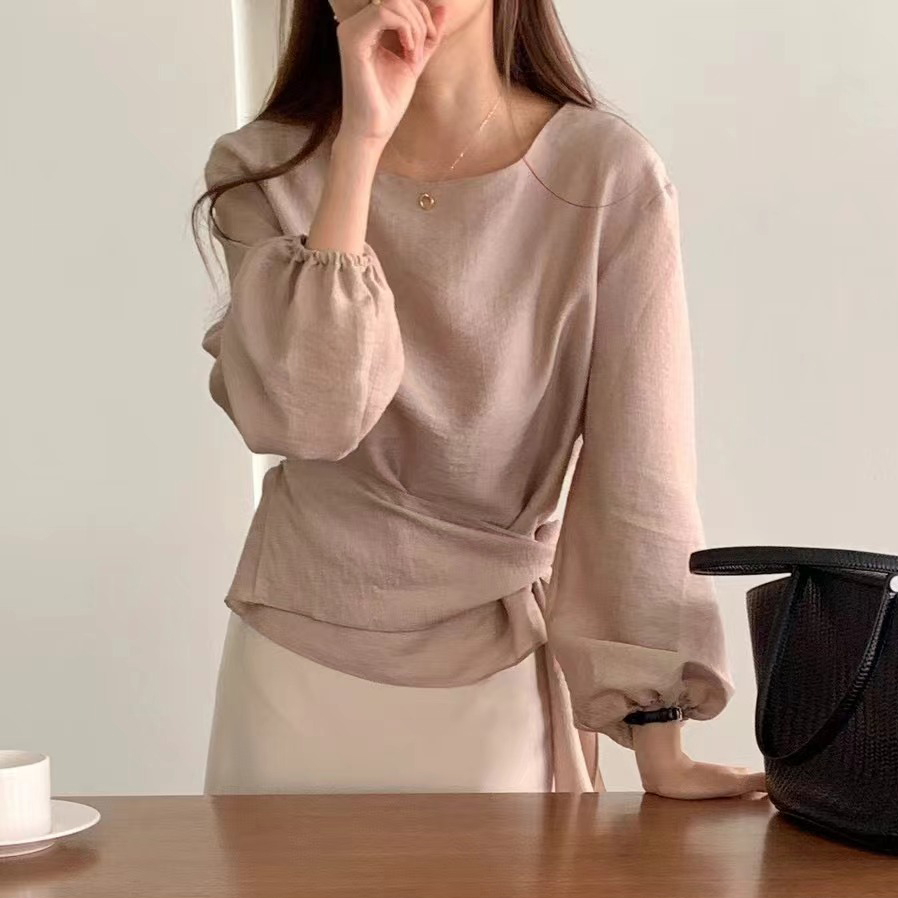 크기 있음 업데이트 이른 가을 새로운 한국 스타일 품격 우아함 라운드 넥 허리 수축 레이스업 셔츠 여성 셔츠