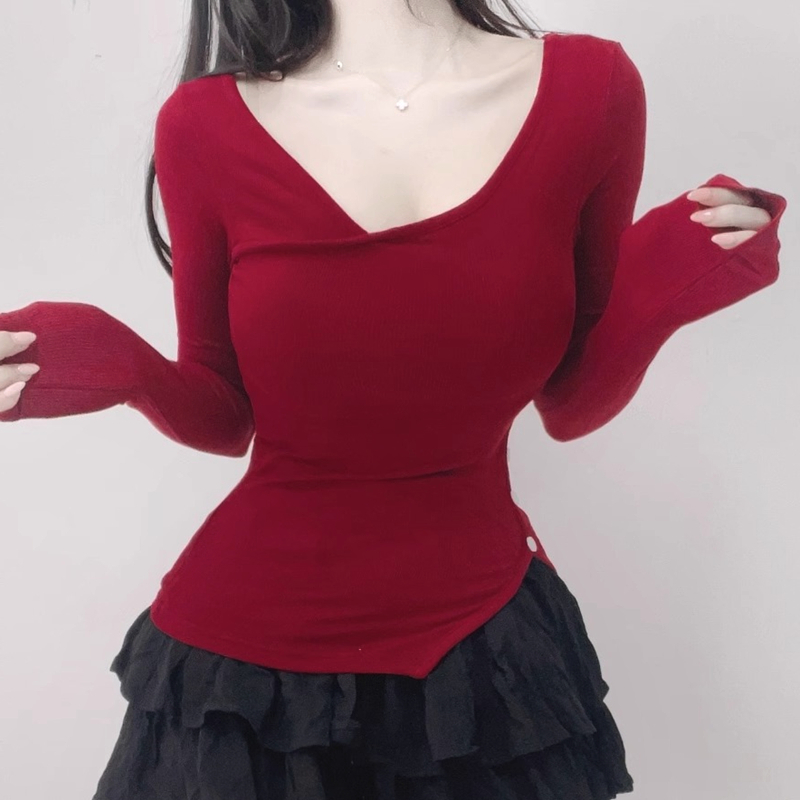 한국 동대문 가을과 겨울 새로운 기질 스플릿 V 칼라 슬림 피트 디스플레이 몸 긴 소매 단단한 바지를 입는 셔츠 티셔츠 맨위