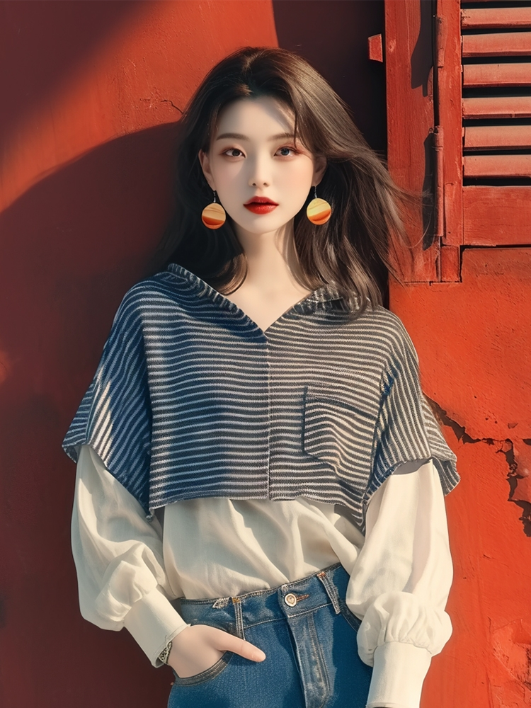 올해 인기 작은 대중 디자인 센스 맨위 한 부서 외국 가스 루즈핏 느긋한 바람 페이크 레이어드 패치워크 후드 티 스웨터 여성