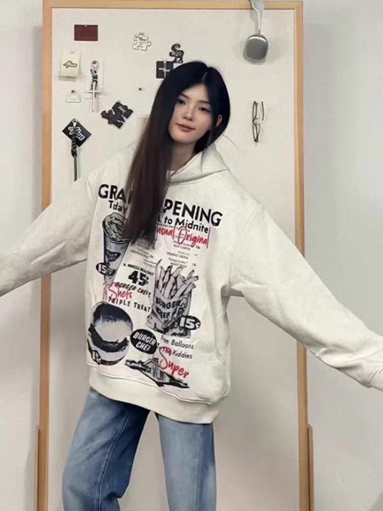 American high street trendy brand printed hooded pullover sweatshirt for women 2024 autumn new style loose and versatile top