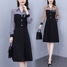 批发假两件拼接长袖连衣裙2026新款女春装高级感妈妈时尚气质A字裙子