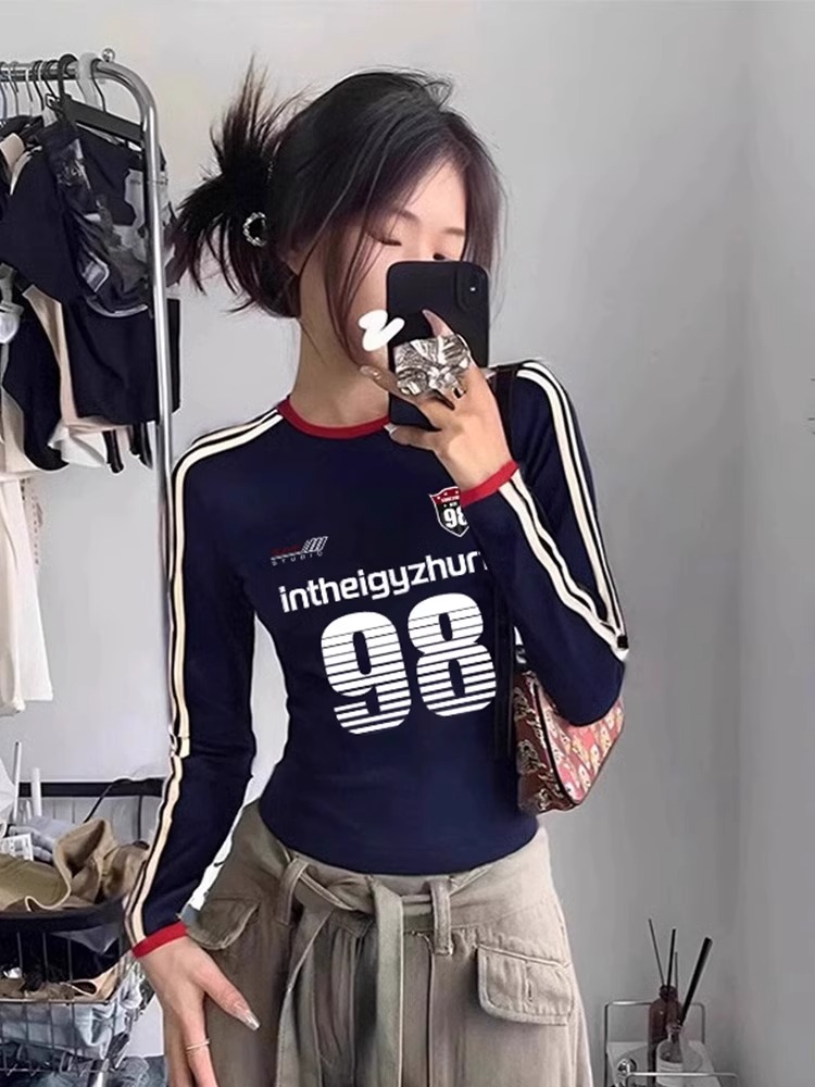 Long-sleeved T-shirt women's spring and autumn American retro hot girl contrasting stripes stitching trendy brand slimming sports top ins