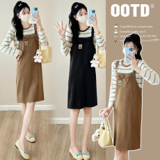 批发实拍新款孕妇宽松显瘦时尚条纹拼接假两件减龄潮妈针织连衣裙