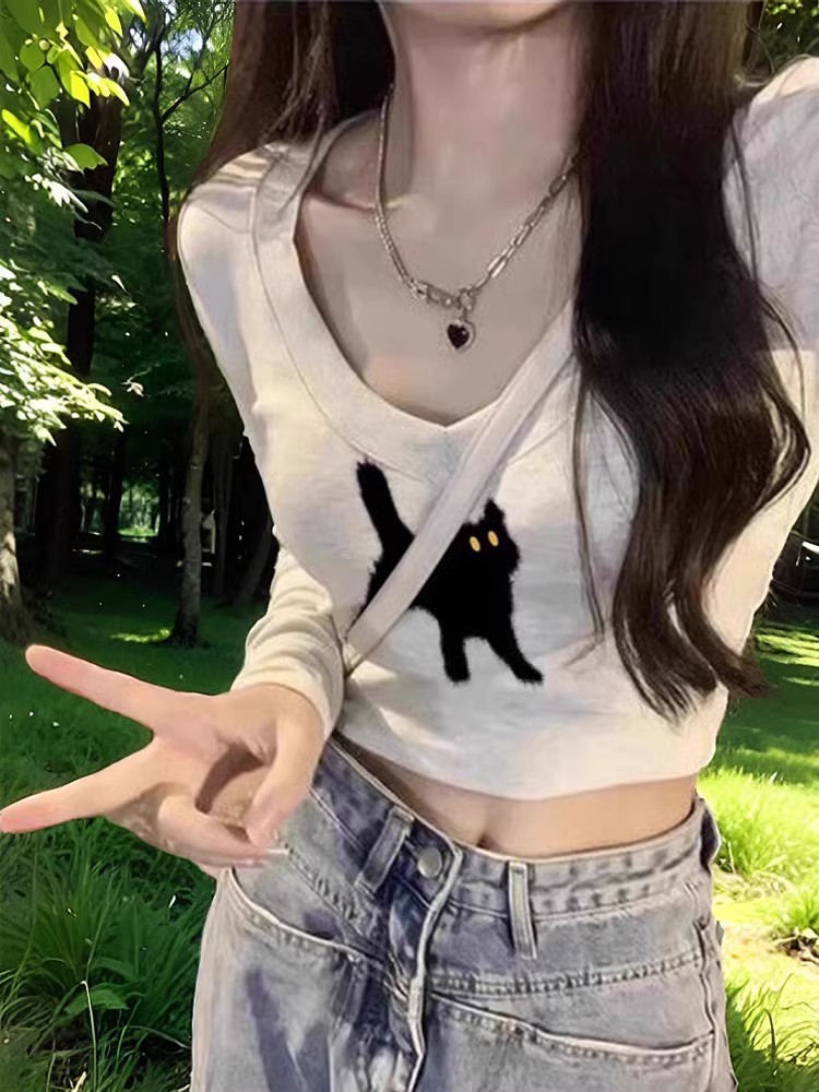 순수한 리브 순수한 욕망 바람 V넥 긍정적 인 어깨 긴팔 티셔츠 여성 봄 가을 몸매 가꾸기 인사이드 가져 가라. 기본 셔츠 쇼트 스타일 맨위