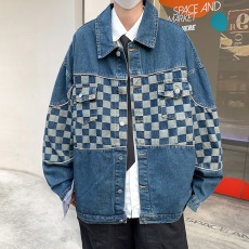 批发设计感棋盘格子牛仔外套男春秋款宽松潮牌痞帅工装飞行员夹克上衣