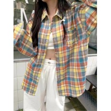 批发韩版春季经典格子口袋字母刺绣宽松原宿风休闲百搭<b class='q'>衬衣</b>外套女