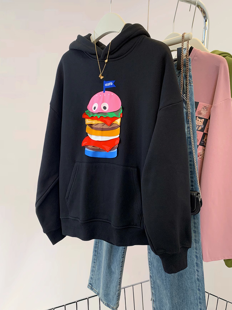 American Retro Cartoon Burger Print 2024 Spring and Autumn Couple Hooded Pullover Sweatshirt Women's Loose Lazy Style Top