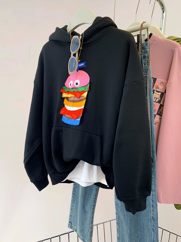 American Retro Cartoon Burger Print 2024 Spring and Autumn Couple Hooded Pullover Sweatshirt Women's Loose Lazy Style Top