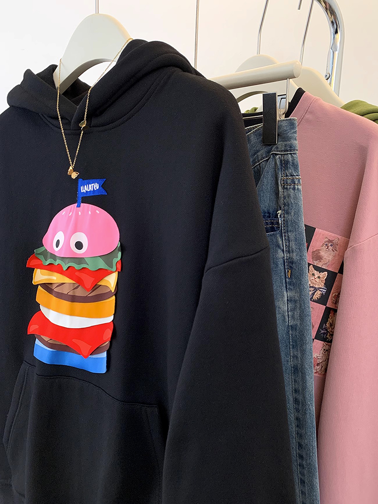 American Retro Cartoon Burger Print 2024 Spring and Autumn Couple Hooded Pullover Sweatshirt Women's Loose Lazy Style Top