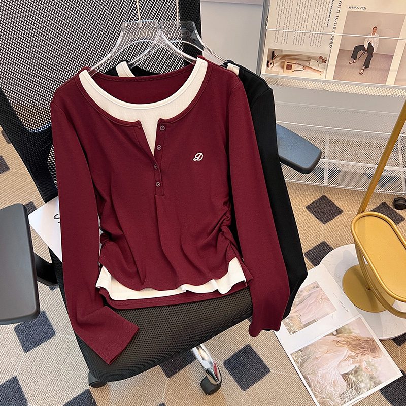 RY200# 实拍2026新款假两件撞色长袖T恤女收腰百搭圆领标准上衣