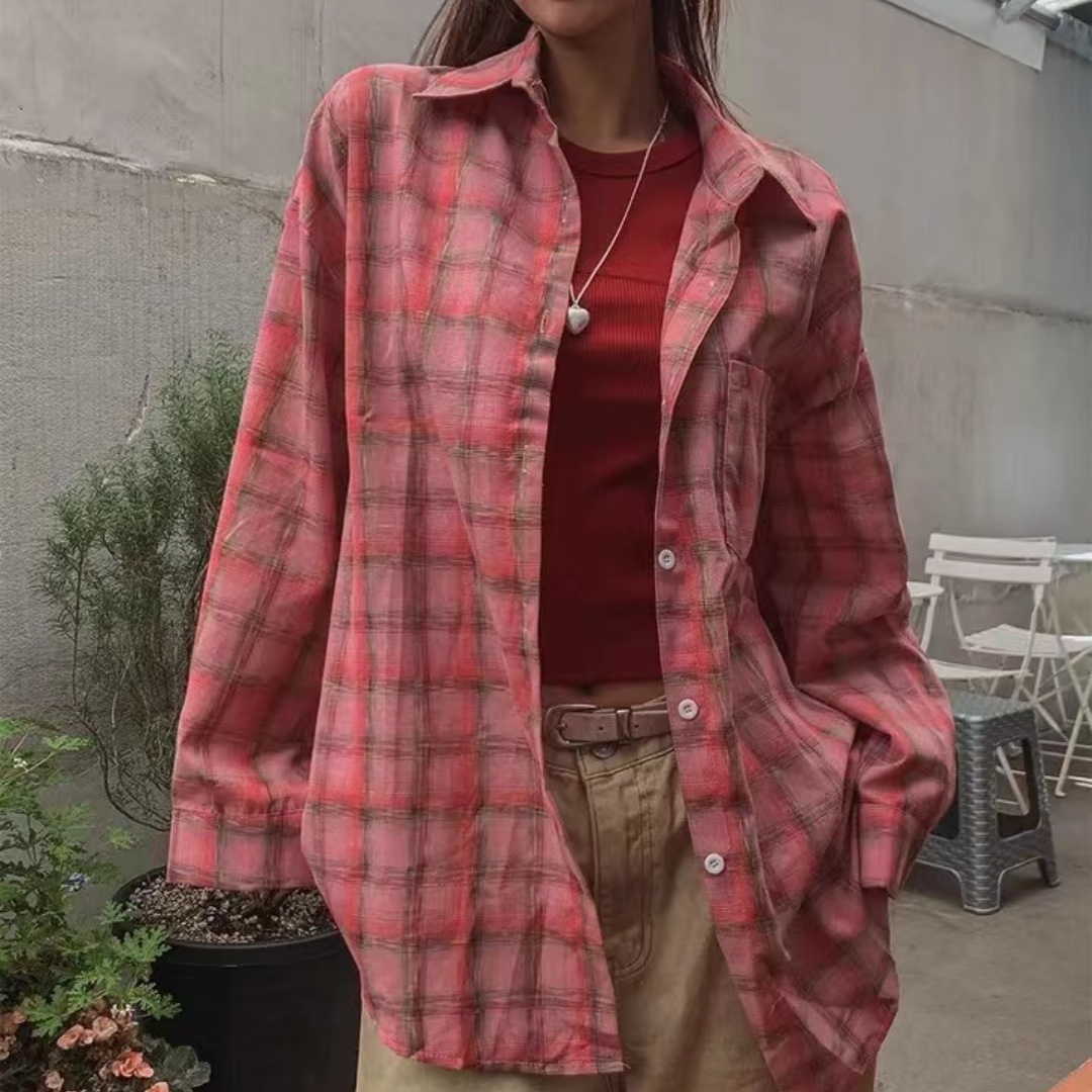 한국 스타일 여름 핑크색 클래식 격자 무늬 셔츠 하라주쿠 스타일 루즈핏 oversize 긴팔 레트로 여성 코트 셔츠