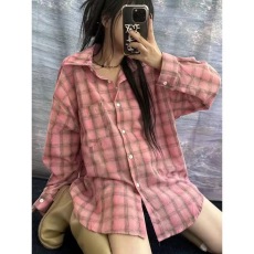 批发韩版春夏oversize宽松格子衬衫原宿风休闲百搭长袖复古外套<b class='q'>女</b>衬衣