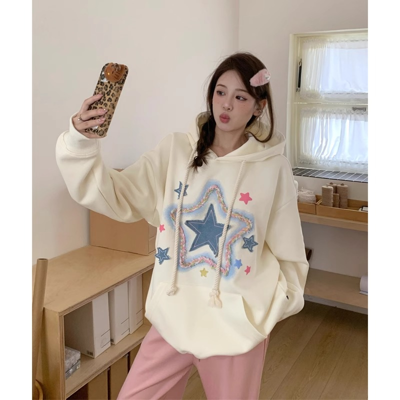 Original workmanship sweet star embroidered long-sleeved sweatshirt for women 2024 autumn design loose casual top trend