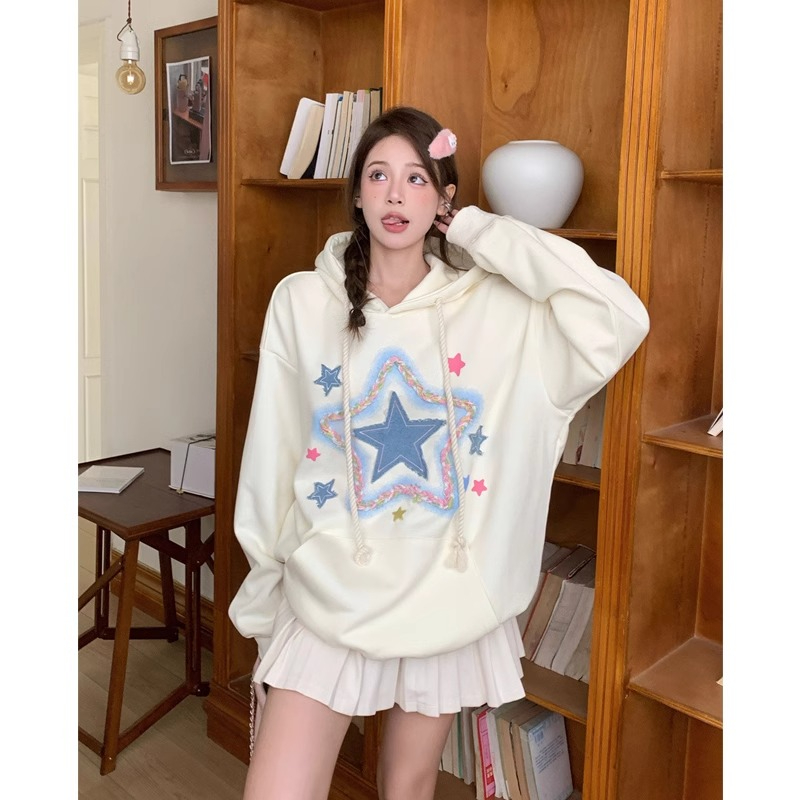 Original workmanship sweet star embroidered long-sleeved sweatshirt for women 2024 autumn design loose casual top trend