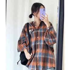 批发韩版春秋oversize格子贴标宽松衬衫原宿风休闲设计感衬衣外套<b class='q'>女</b>