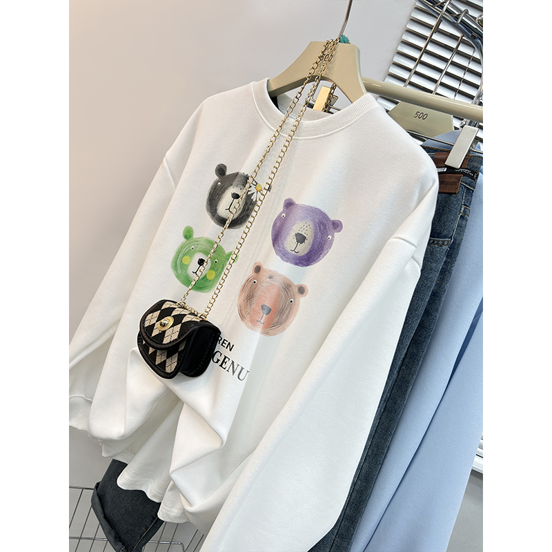 Guangzhou Thirteen Lines Fun Printed Loose Velvet Sweater Women's Autumn and Winter Student Versatile Age-Reducing Round Neck Top