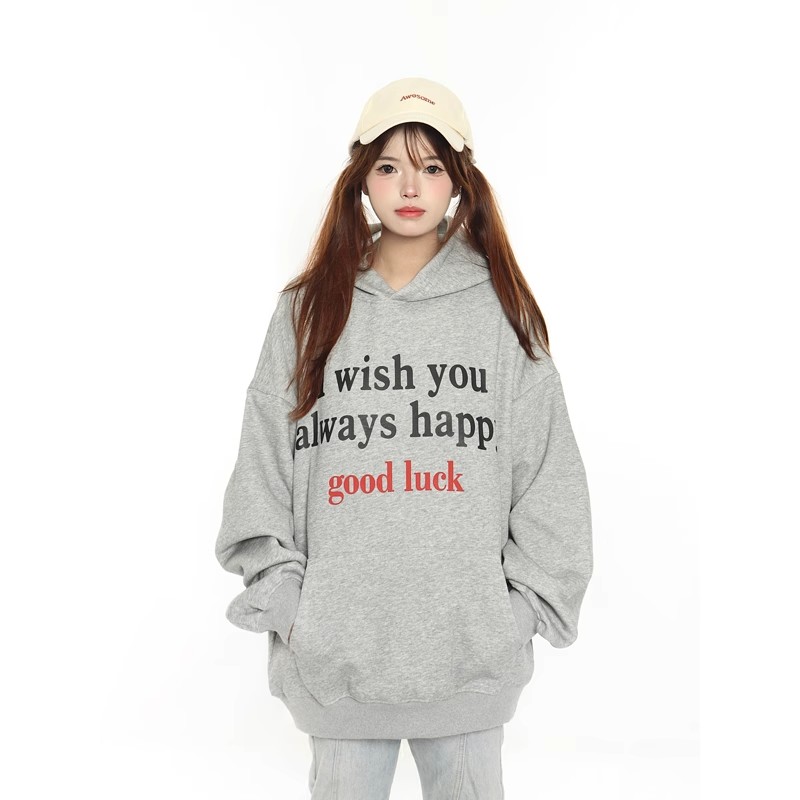 Super popular hooded oversize sweatshirt for women, loose and versatile autumn new printed lazy style long-sleeved top