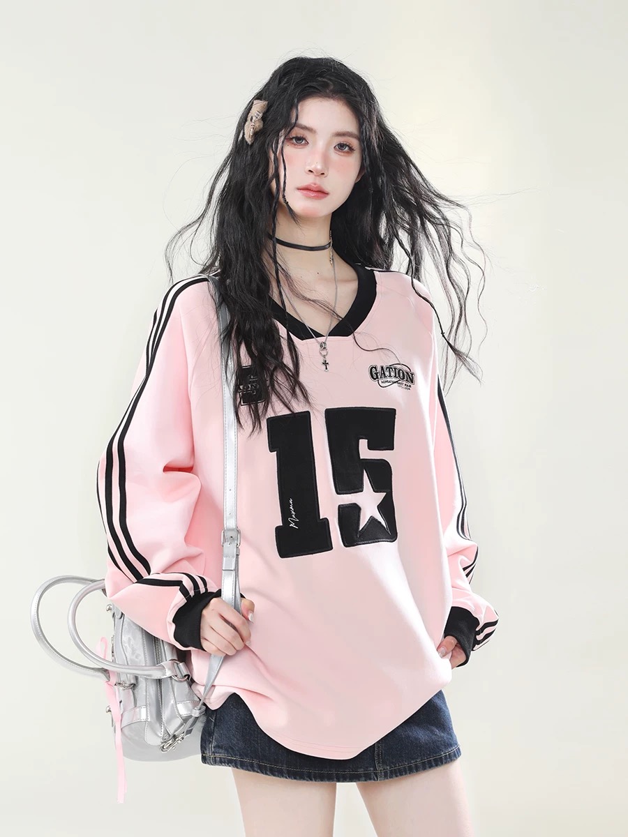 2024 Spring and Autumn American Retro Sports Style V-neck Hoodless Web Sweater Women's Street Loose Lazy Long-Sleeve T-Shirt