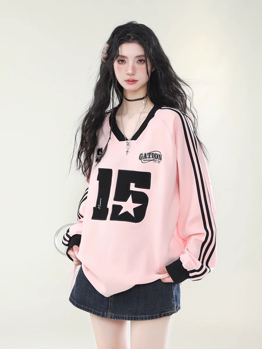 2024 Spring and Autumn American Retro Sports Style V-neck Hoodless Web Sweater Women's Street Loose Lazy Long-Sleeve T-Shirt