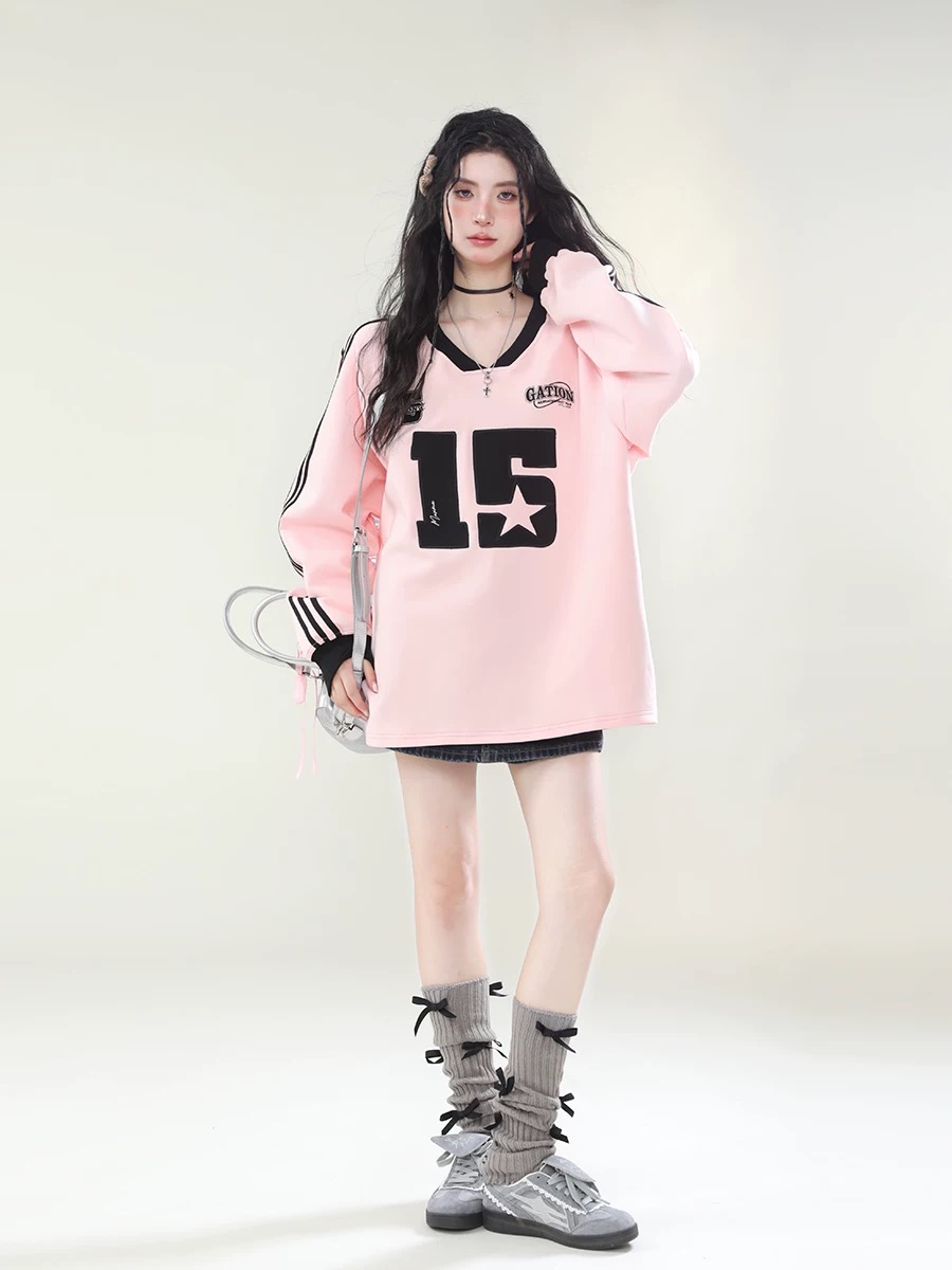 2024 Spring and Autumn American Retro Sports Style V-neck Hoodless Web Sweater Women's Street Loose Lazy Long-Sleeve T-Shirt