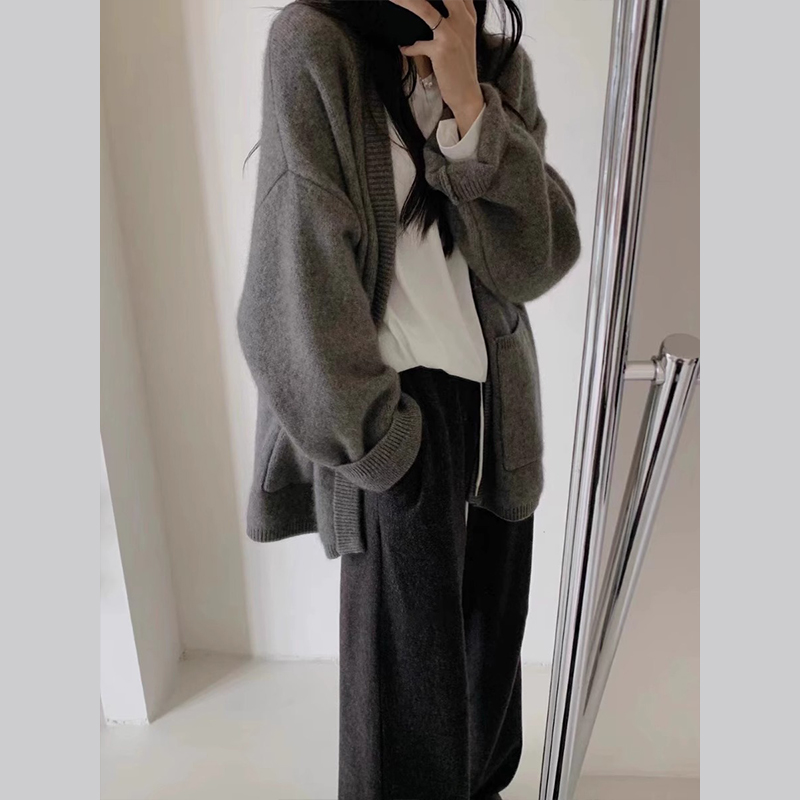 Lazy style gray sweater cardigan jacket for women autumn and winter new style high-end loose knitted top outer wear