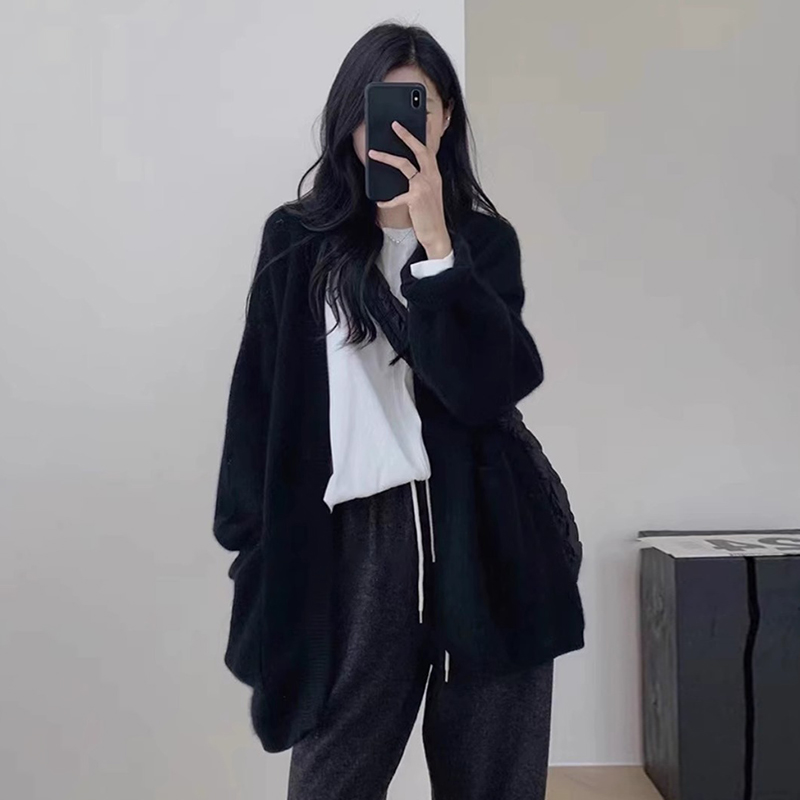 Lazy style gray sweater cardigan jacket for women autumn and winter new style high-end loose knitted top outer wear