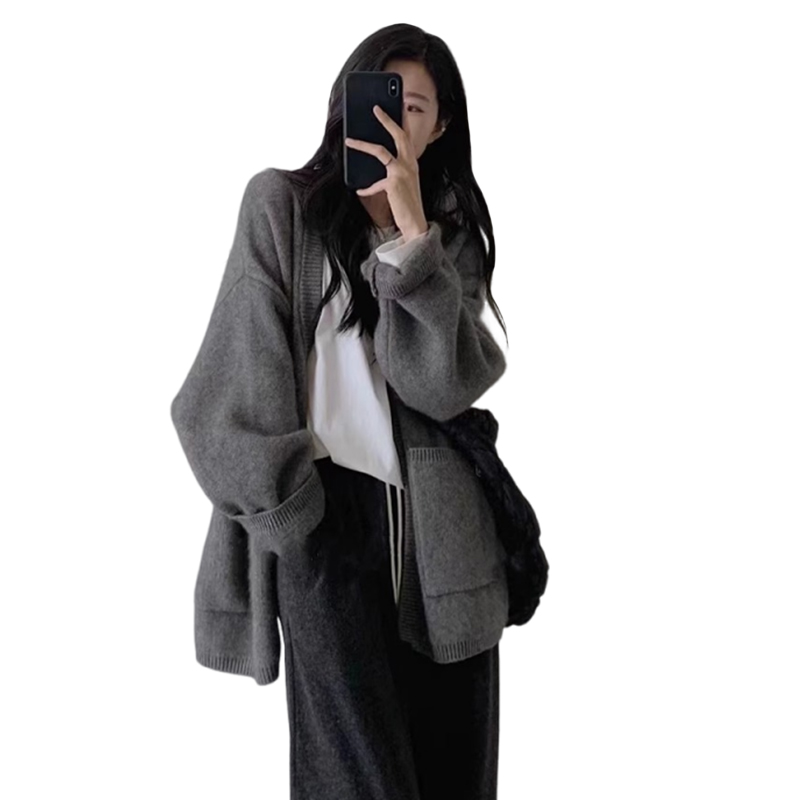 Lazy style gray sweater cardigan jacket for women autumn and winter new style high-end loose knitted top outer wear