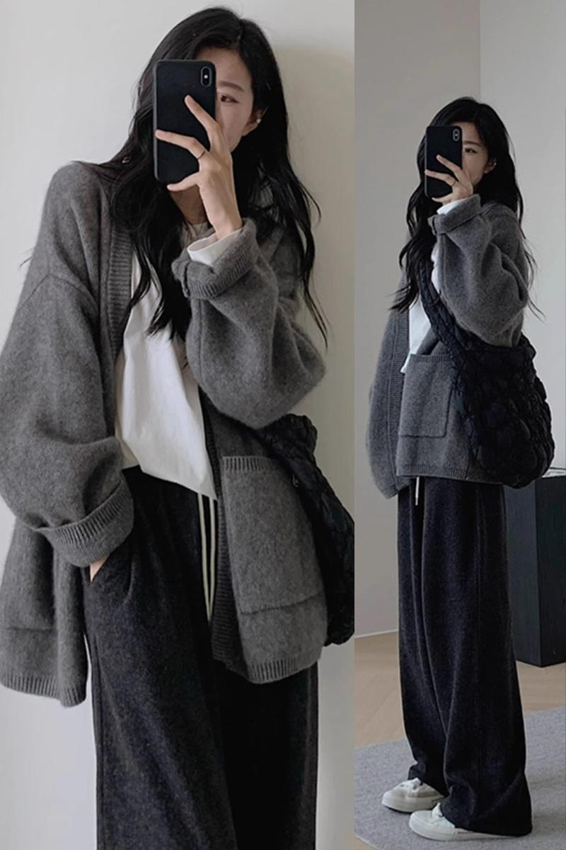 Lazy style gray sweater cardigan jacket for women autumn and winter new style high-end loose knitted top outer wear