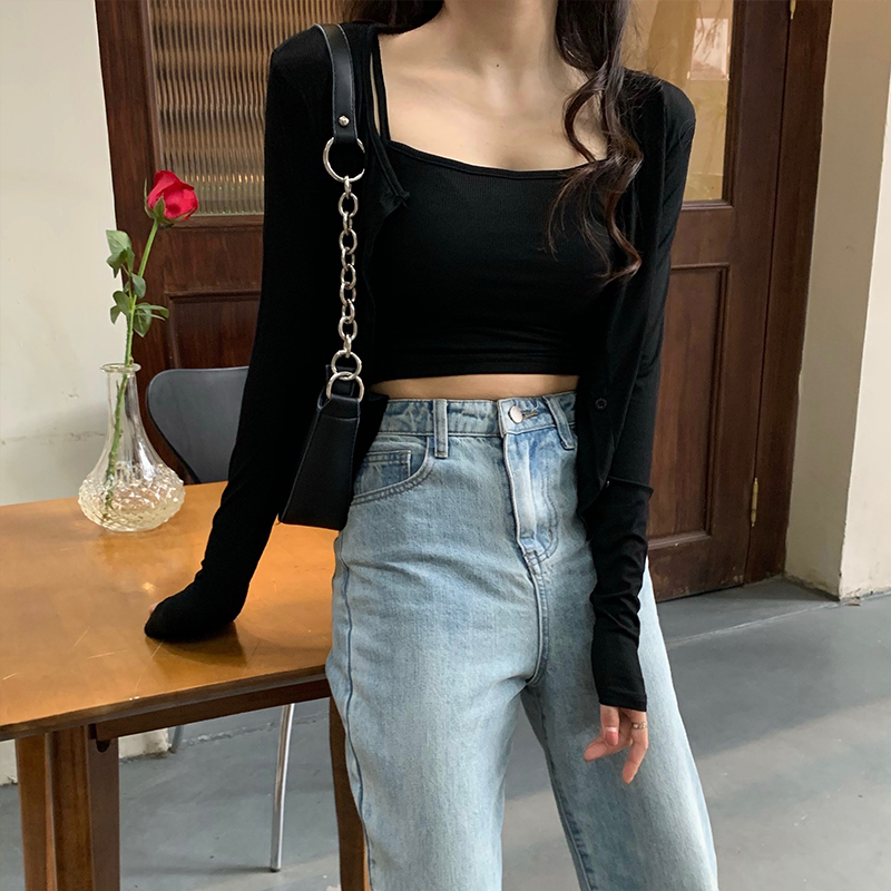 Hot Girl Short Top Women's Autumn Thin Solid Color Cardigan New Internet Celebrity Slim Slim Long Sleeve Jacket Two-piece Set