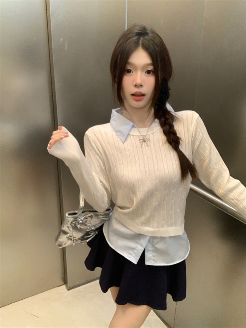 PF20575#韩版设计感衬衫拼接假两件麻花长袖上衣针织衫女女裝貨源服裝批發