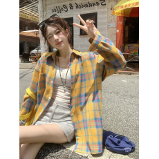 批发实拍 大码早秋百搭宽松显瘦格子复古长袖磨毛衬衫衬衫衣女