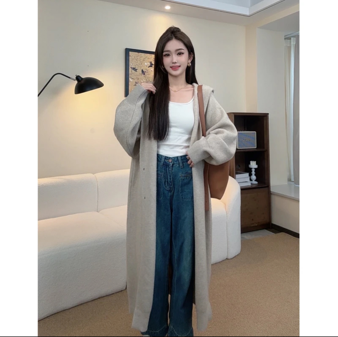 High-end mid-length sweater jacket for women in spring, autumn and winter new Korean style lazy style soft waxy knitted cardigan