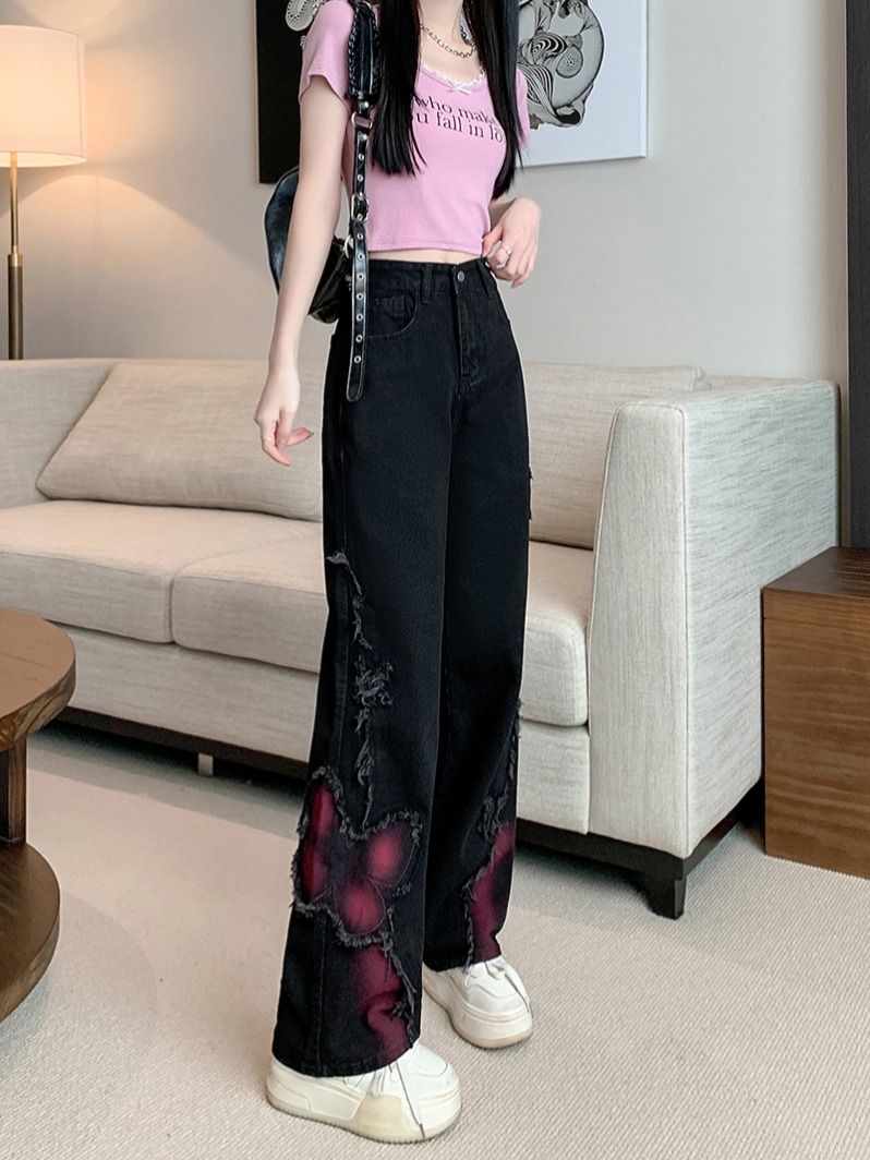 Real shot ~ black smudged butterfly embroidered jeans for women, summer sweet and cool hot girl straight wide leg pants trendy