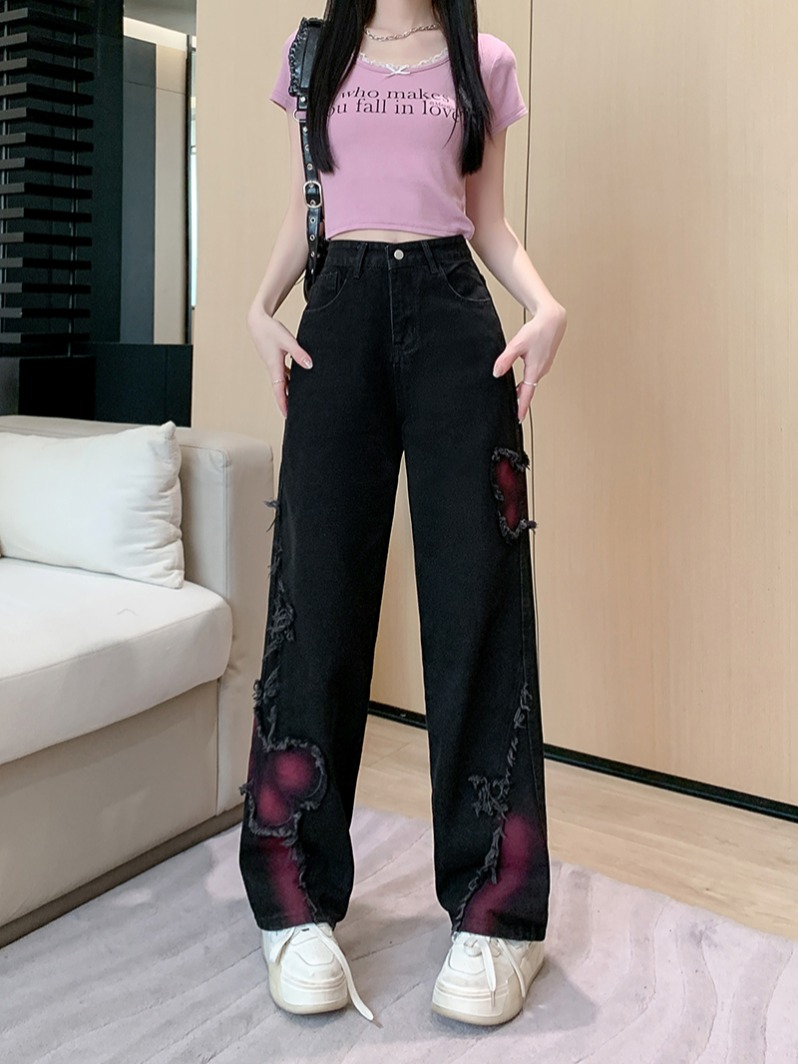 Real shot ~ black smudged butterfly embroidered jeans for women, summer sweet and cool hot girl straight wide leg pants trendy