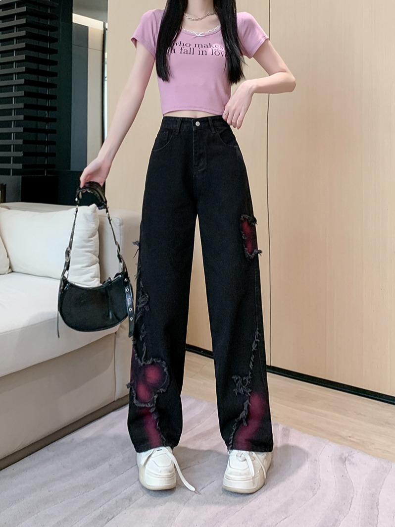 Real shot ~ black smudged butterfly embroidered jeans for women, summer sweet and cool hot girl straight wide leg pants trendy